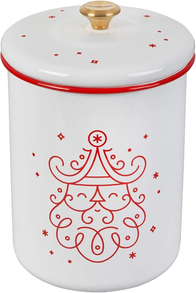 Le Creuset Enamel On Steel Noel Collection Cookie Jar, 4.25 qt. (6.3" x 8.3"), White with Cerise ... | Amazon (US)