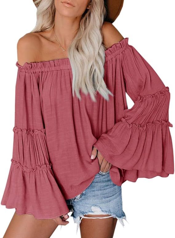 Womens Off The Shoulder Long Bell Sleeve Tops Flared Casual Loose Blouse | Amazon (US)