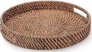 16.9 inch Rattan Tray, Round Wicker Tray with Cut-Out Handles, Woven Serving Tray for Dining / Co... | Amazon (US)