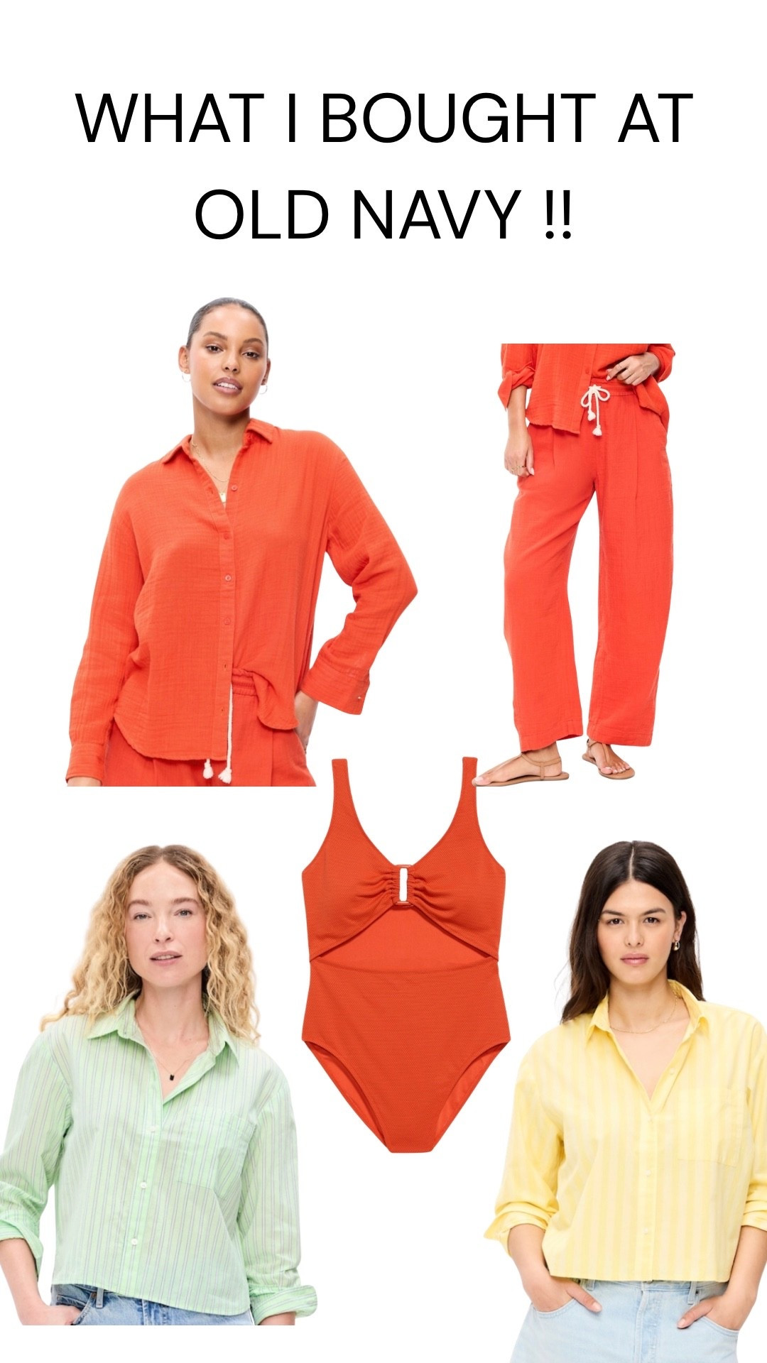 Loving all these cute finds at old navy ! Ordered the orange top in tall Large , pants “Tall large” and bathing suit size “large” . Green and yellow button down size tall in XL (wish I did my regular size though) for reference I’m 5”11 , regular size large . 

#LTKSaleAlert #LTKmomlife #LTKMothersDay
