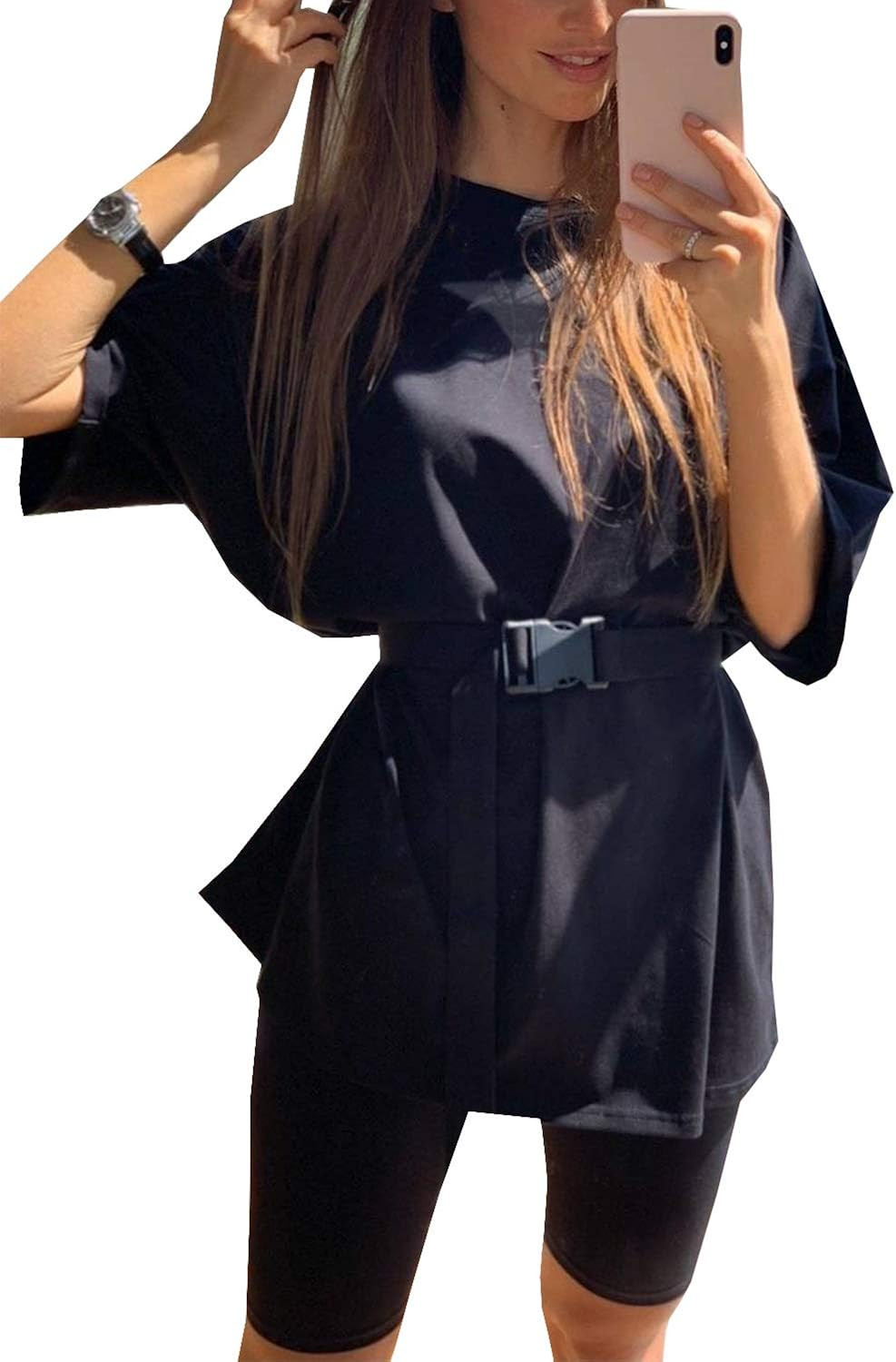 Glamaker Women 2 Piece Outfit sets Casual Oversized T-Shirt Tops Biker Shorts Workout Sport s Tra... | Amazon (US)