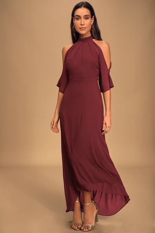 Loving Moment Burgundy Cold-Shoulder Cutout Halter Maxi Dress | Lulus (US)