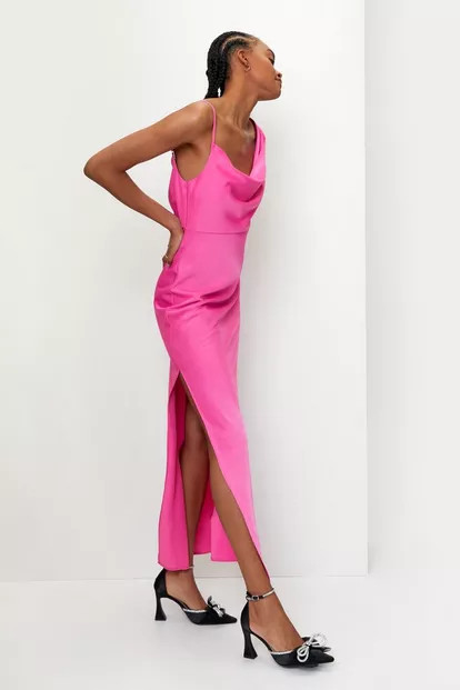 Draped Shoulder Cowl Neck Satin Maxi Dress | Nasty Gal (US)