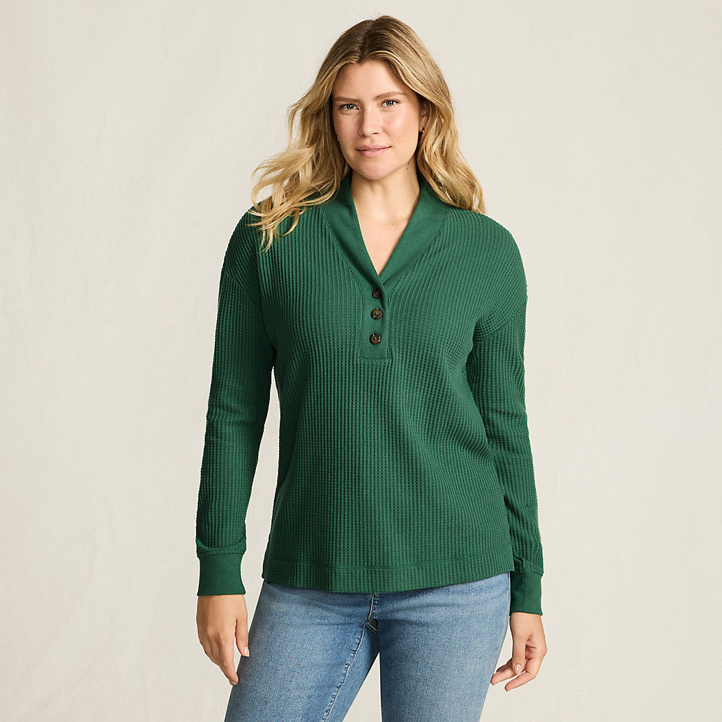 Women's Long Sleeve Waffle Shawl Collar Henley | Lands' End (US)