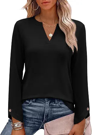 ANRABESS Womens Long Sleeve Shirts V Neck Top | Split Button Cuff, Soft Comfy Solid & Floral Prin... | Amazon (US)