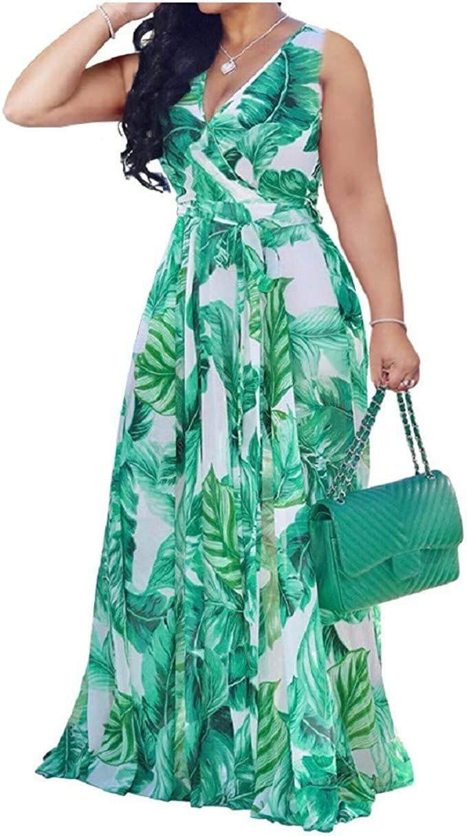 lvenzse Womens Maxi Dress Boho Chiffon Floral Printed V-Neck Long Dresses (S-5XL) | Amazon (US)