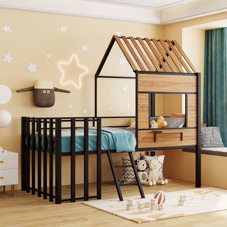 Harper & Bright Designs Kids House Beds Low Loft Bed Frame with Roof, Window, Guardrail and Ladde... | Amazon (US)