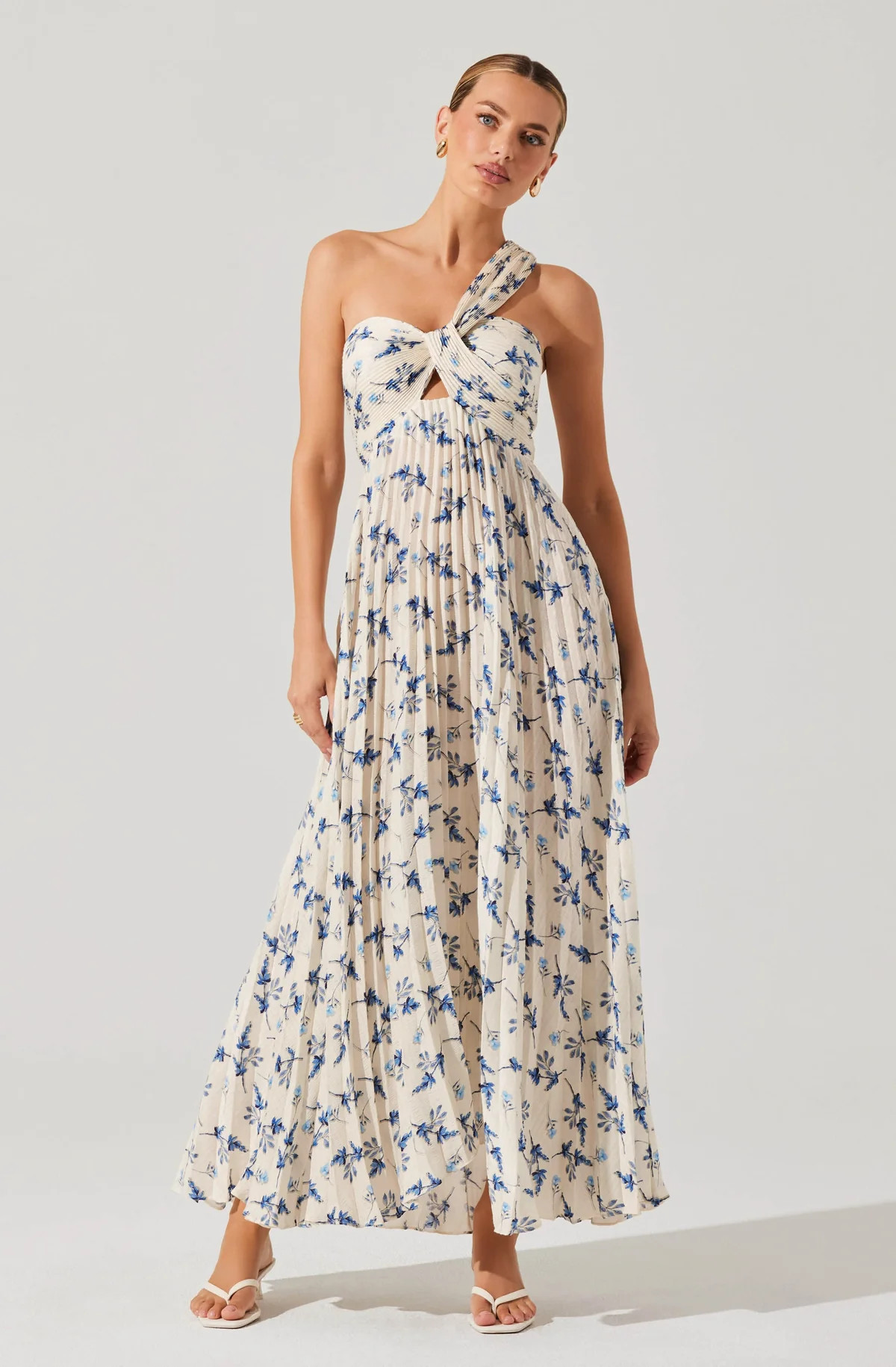 Rasya Pleated Floral Maxi Dress - White blue floral / XS | ASTR The Label (US)