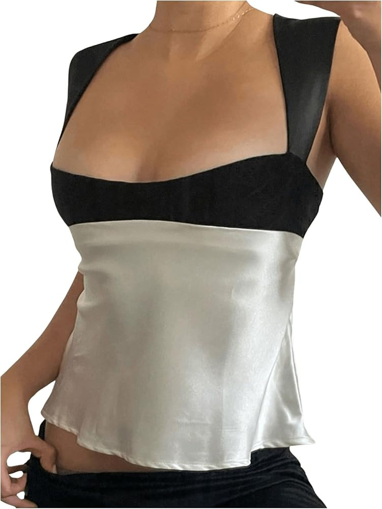 SHENHE Women's Satin Tie Back Tank Top Color Block Wide Strap Scoop Neck Silky Top | Amazon (US)