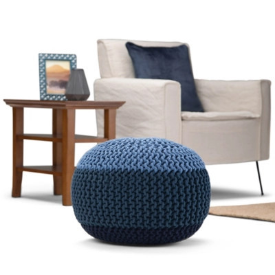 Simpli Home Nikki Hand Knit Pouf, Blue/Navy Blue | Ashley Homestore