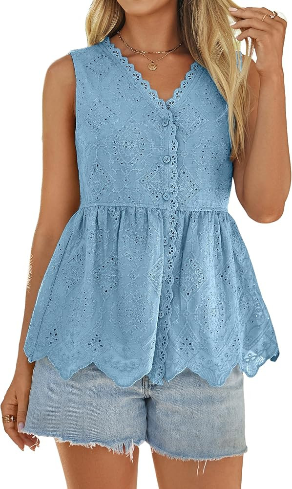 Simplee Womens Tank Top 2026 Summer Casual Babydoll Sleeveless Eyelet Embroidered V Neck Button D... | Amazon (US)