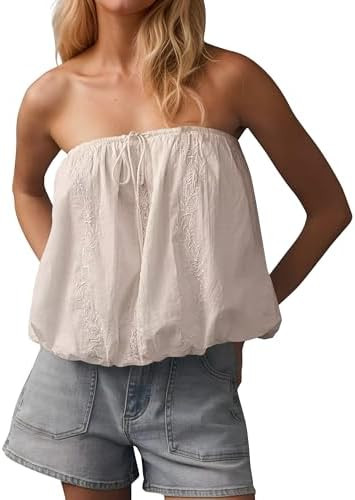 MISSACTIVER Women’s Lace Embroidered Bubble Hem Tube Top Flowy Strapless Drawstring Tie Front B... | Amazon (US)