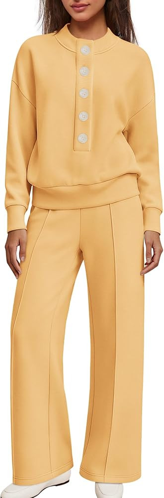 Women 2pc Lounge Set, Wrinkle Free Travel Henley Wide Leg Pants w/ Pockets | Amazon (US)