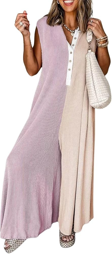 chouyatou Women's 2025 Color Block Sleeveless Baggy Overalls Button Up Wide Leg Romper Jumpsuit P... | Amazon (US)