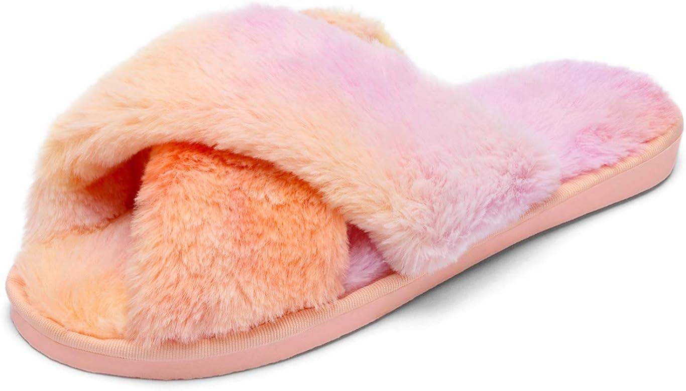 Women's Fluffy Cross Band Slippers Fuzzy Plush Cozy Furry Indoor Outdoor House Shoes | Amazon (US)