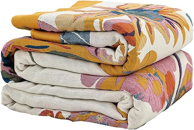 Boho Throw Blanket for Bed,100% Cotton Breathable Muslin Soft Throw, Fall Bed Throw Blanket Flora... | Amazon (US)