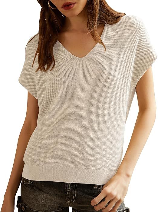 Women's Cap Sleeve Sweater Vest Casual V-Neck Knit Lightweight Sweater Top | Amazon (US)