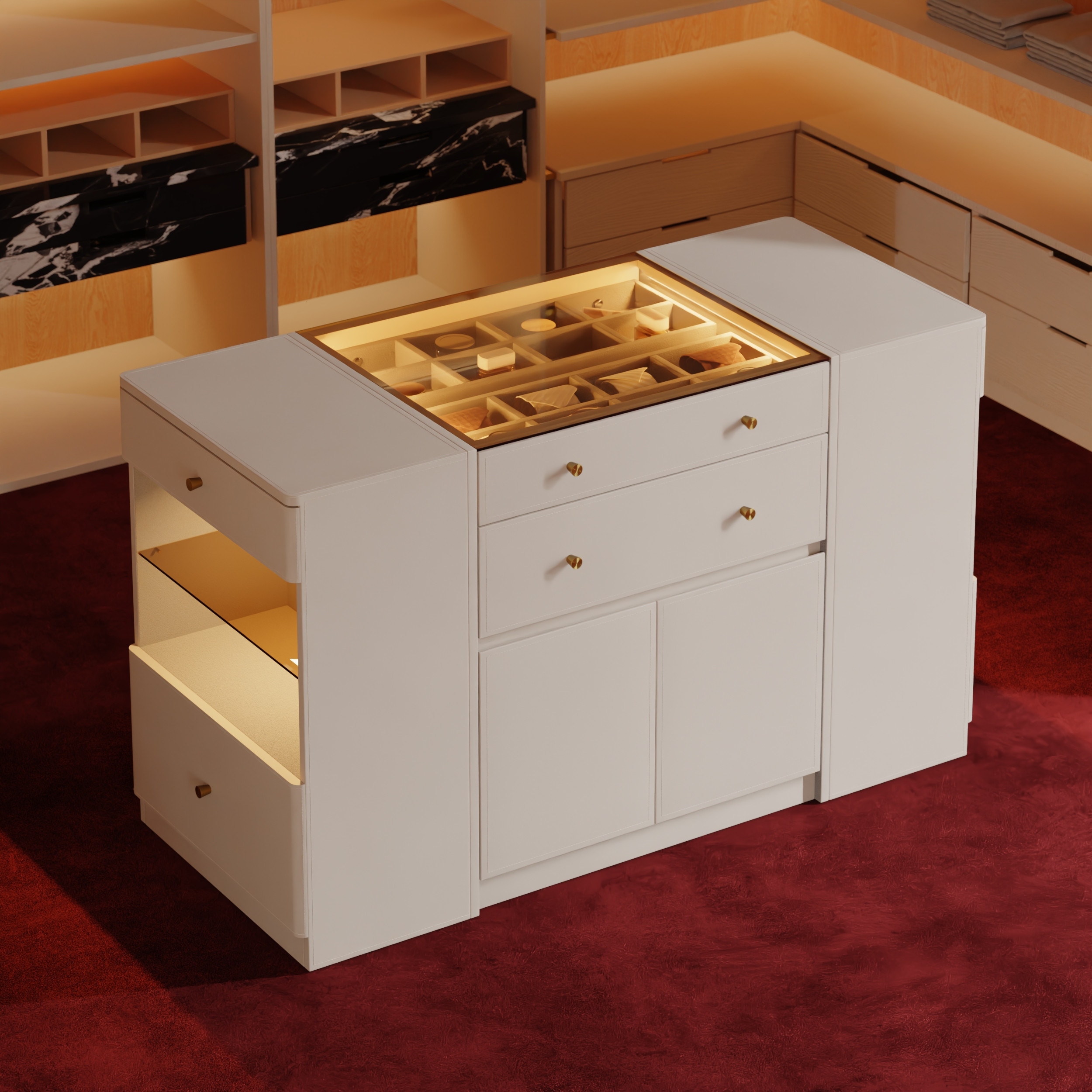 Selvo Saddle Leather Glass Top Closet Island with Storage, Light and Jewelry Display | Homary