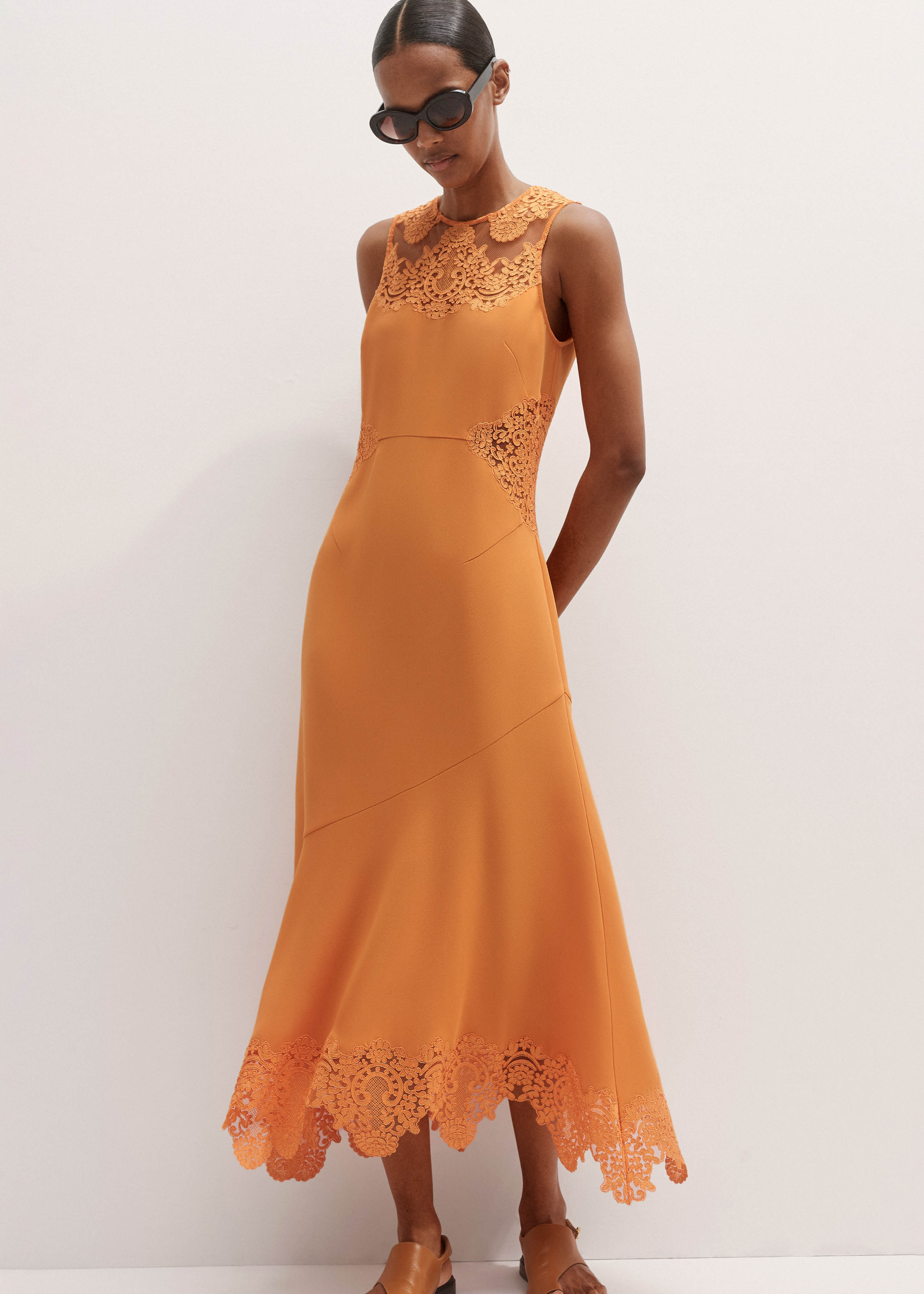 Women's Orange Lace Sleeveless Midi Dress | ME+EM | ME+EM US