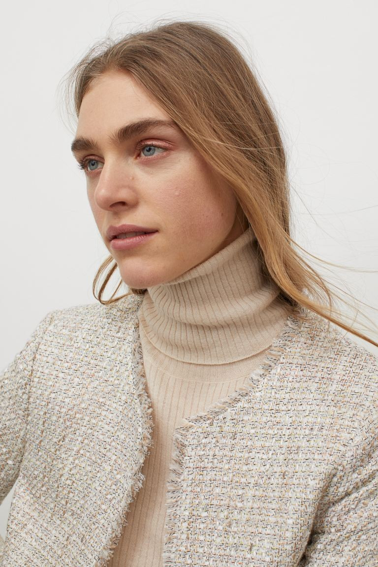 Jacket in a textured bouclé weave with fringed trims and no fasteners. Welt front pockets with a... | H&M (UK, MY, IN, SG, PH, TW, HK)