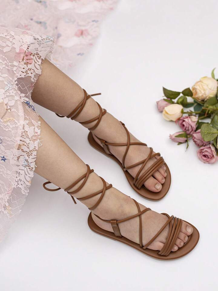 Girls Multi Strap Criss Cross Tie Leg Flat Sandals For Outdoor | SHEIN