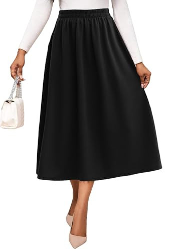 Midi Skirts for Women Black Vintage Trendy Elastic High Waisted Casual Work Flowy Swing A Line Fall Skirt with Pockets (US, Alpha, Large, Regular, Regular, Black) | Amazon (US)