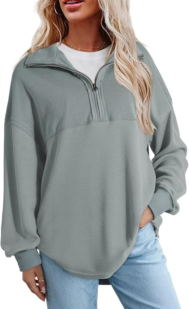 SHEWIN Womens Fall Sweatshirt Casual Waffle Knit Half Zip Pullover Loose Long Sleeve Tops | Amazon (US)
