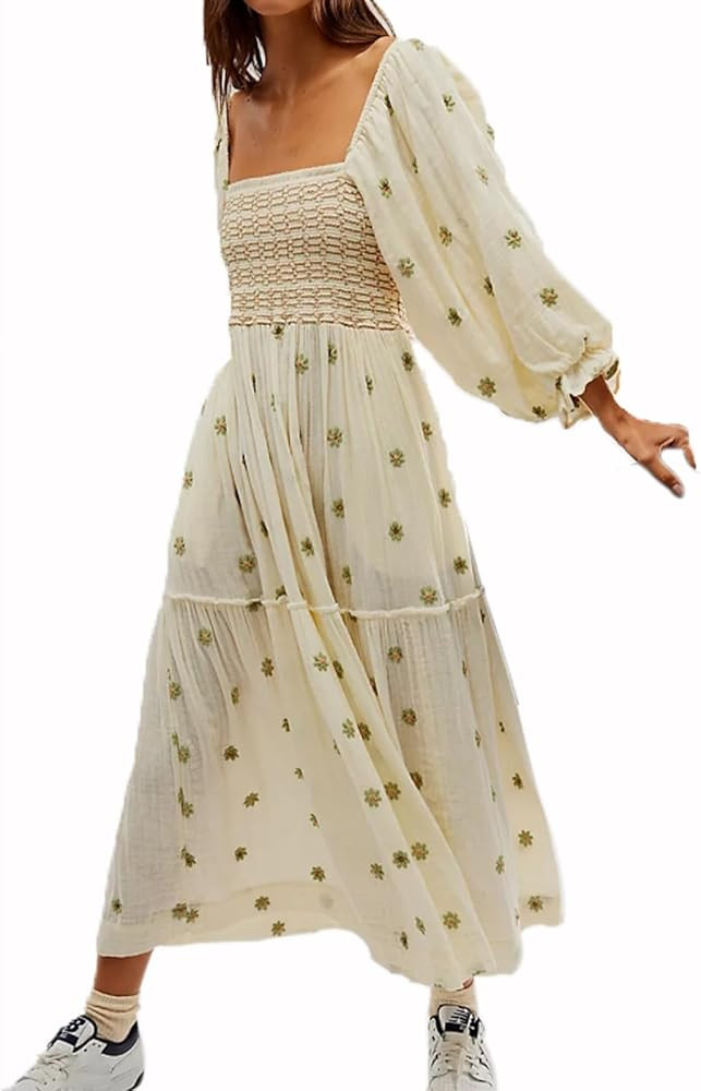 Women Floral Embroidered Maxi Dress Long Puff Sleeve Square Neck Bohemian Flowy Dress with Pocket... | Amazon (US)