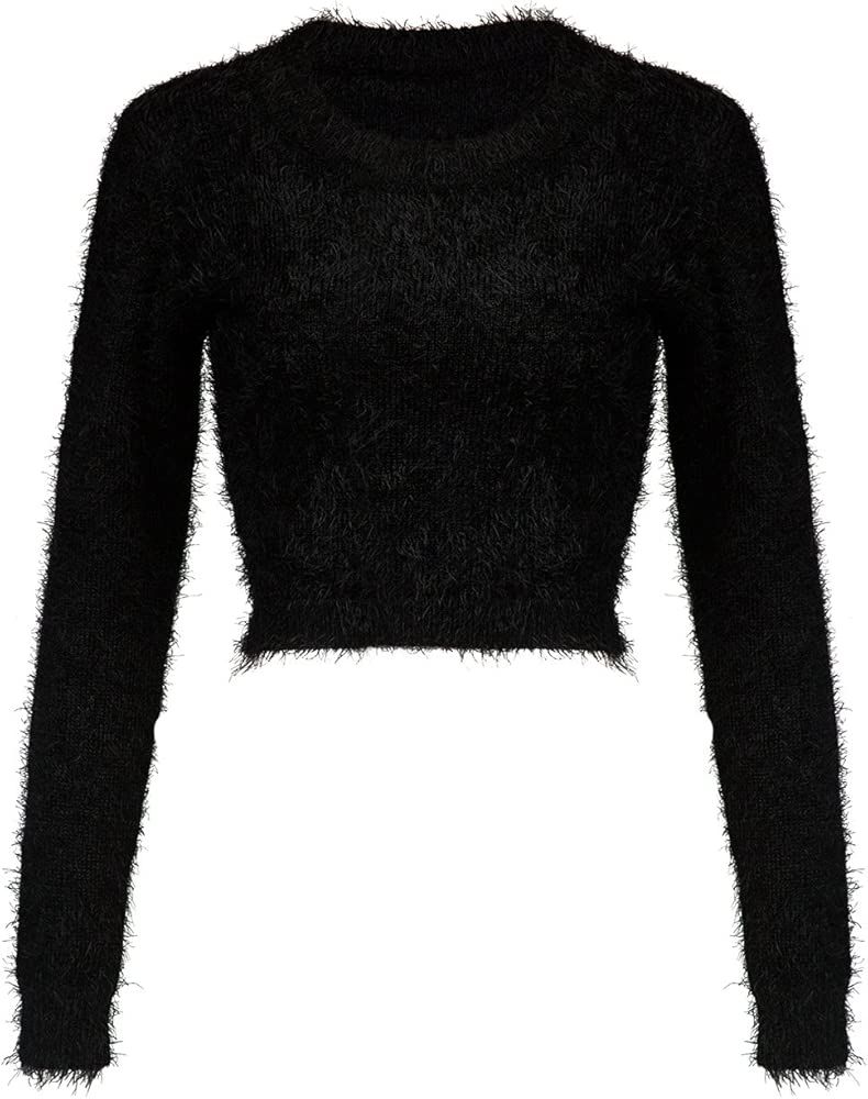 Women's Fluffy Mohair Long Sleeve Knit Crop Top Sweater Jumper | Amazon (US)