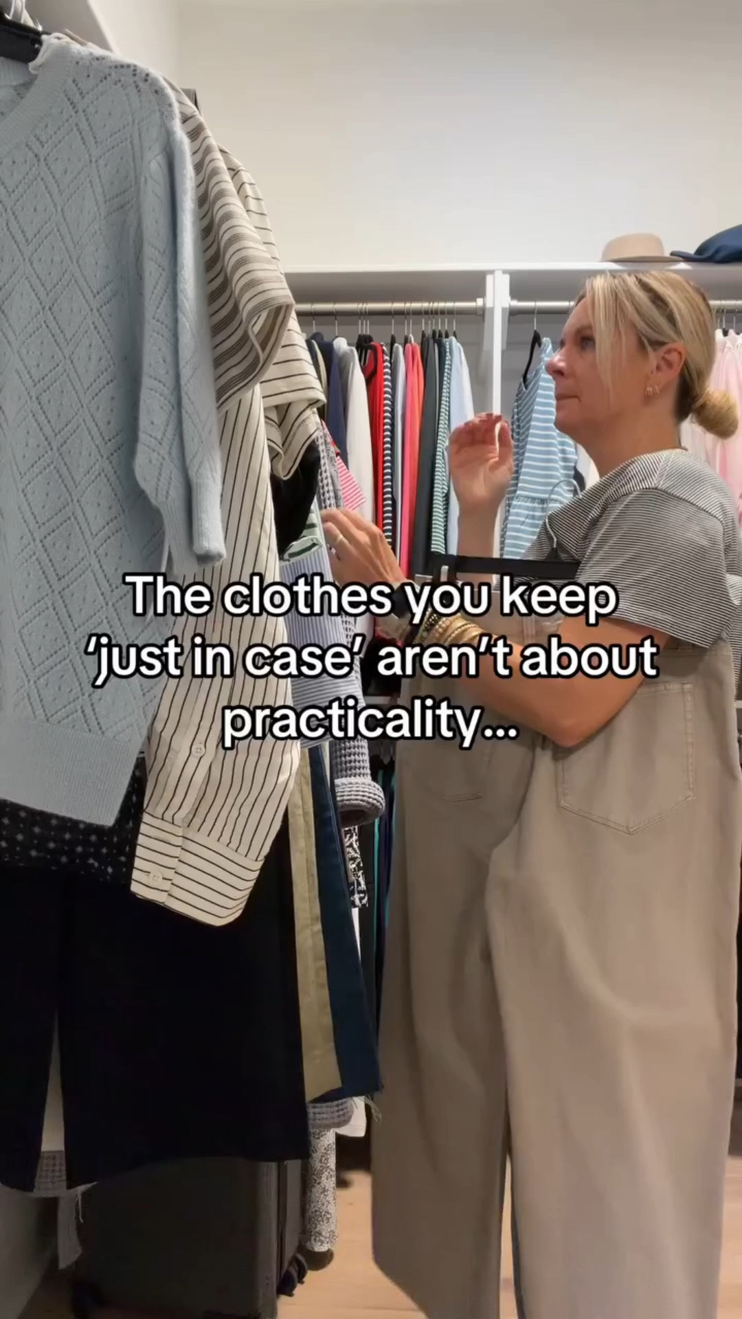That formal dress for the gala you’ll “probably” attend. The hiking gear for the trips you might take. The professional blazer for the job you might get. 

These “just in case” pieces are really about not committing to who you are RIGHT NOW. They’re the “what ifs” keeping you stuck. 

Here’s the truth: if you haven’t used it in a year, you’re not going to. And keeping it is just taking up space and reminding you of things that haven’t happened. 

Give yourself permission to dress for your actual life today—not an imaginary future. 

💬 Ready to let go and build a wardrobe for NOW? DM us to work together 
✨ Follow for permission to be yourself
