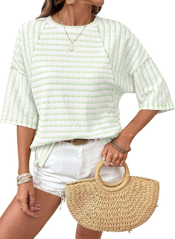 Dokotoo Womens Summer Tops Oversized Tshirts for Women Striped Color Block Short Sleeve T Shirts ... | Amazon (US)