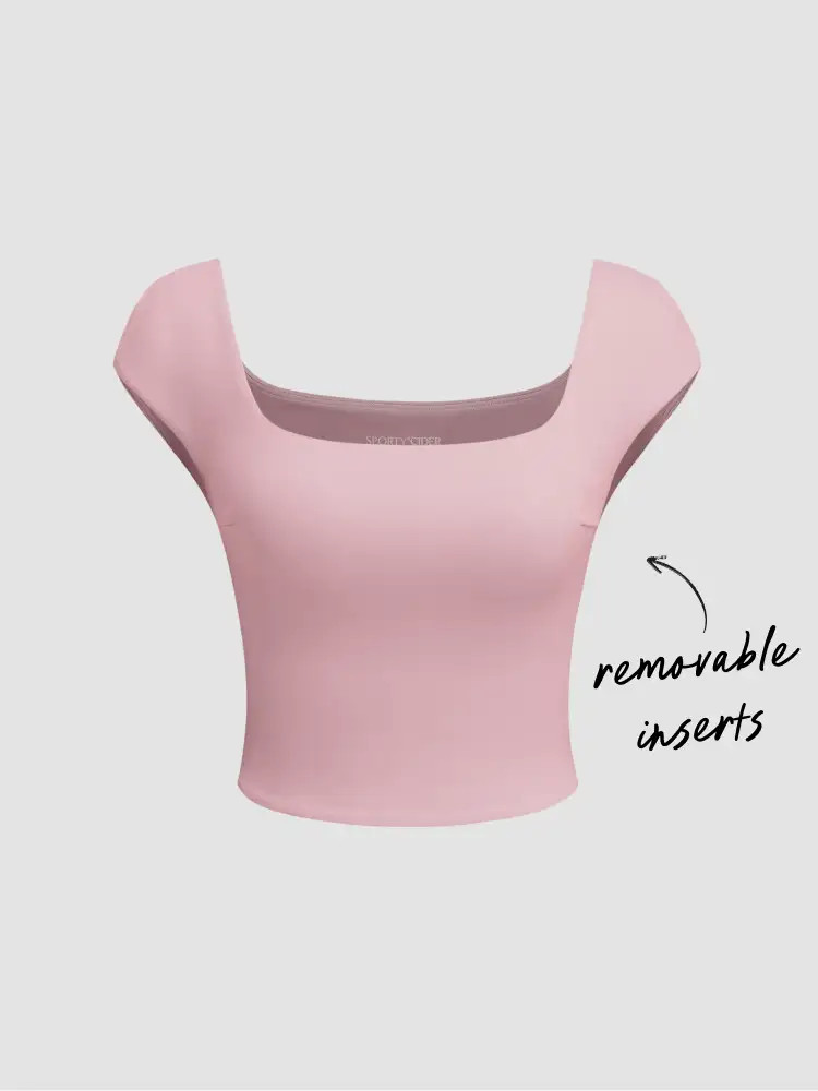 Knit Fabric U-neckline Solid Active Short Sleeve Top With Removable Padding For Daily Casual Gym/... | Cider