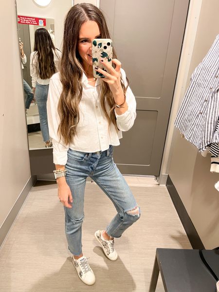 Loving this $25 cropped button down from Target. Great spring transition too. Would be fun for spring break too. | Small top, 00 jeans — tts

#LTKunder50 #LTKstyletip