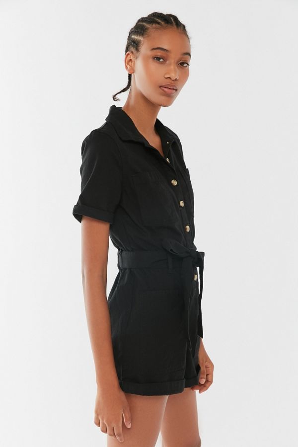 UO Carmen Belted Button-Front Romper | Urban Outfitters (US and RoW)