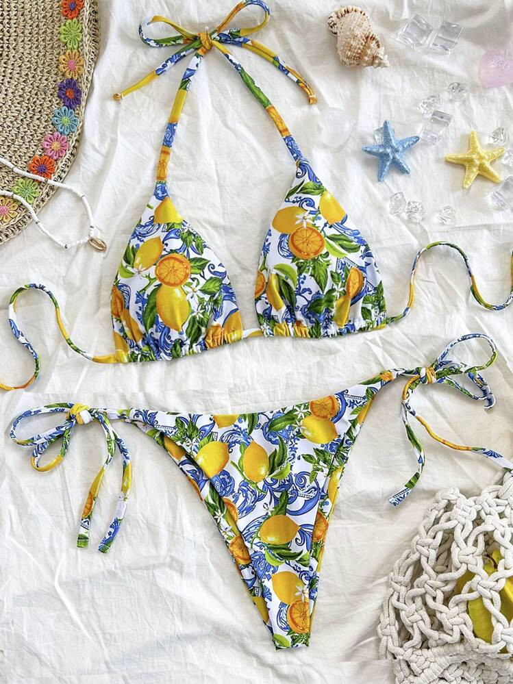 Soleia Women's Lemon Fruit Print Tie-Up Bikini Two Pieces Set, Swim Suits For Women, Vacation Out... | SHEIN