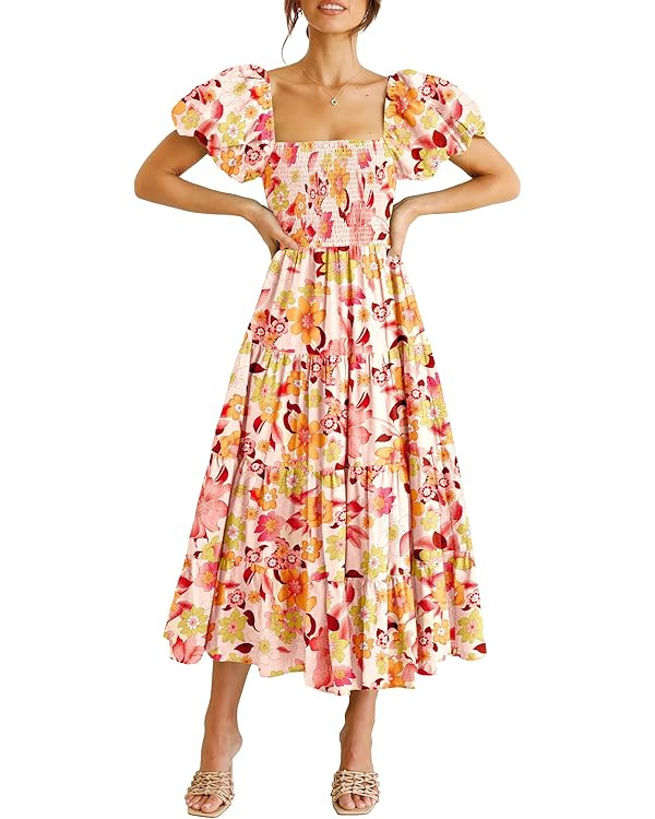 Pretty Garden Womens Summer Puffy Short Sleeve Square Neck Smocked Tiered Ruffle Midi Dress | Amazon (US)