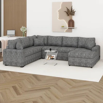 112.2" Modular Chenille Sectional Sofa Couch, Pull-Out Sleeper Sofa With Storage Ottoman, Storage Seats & USB Charging Port, Three Pillows | Wayfair North America