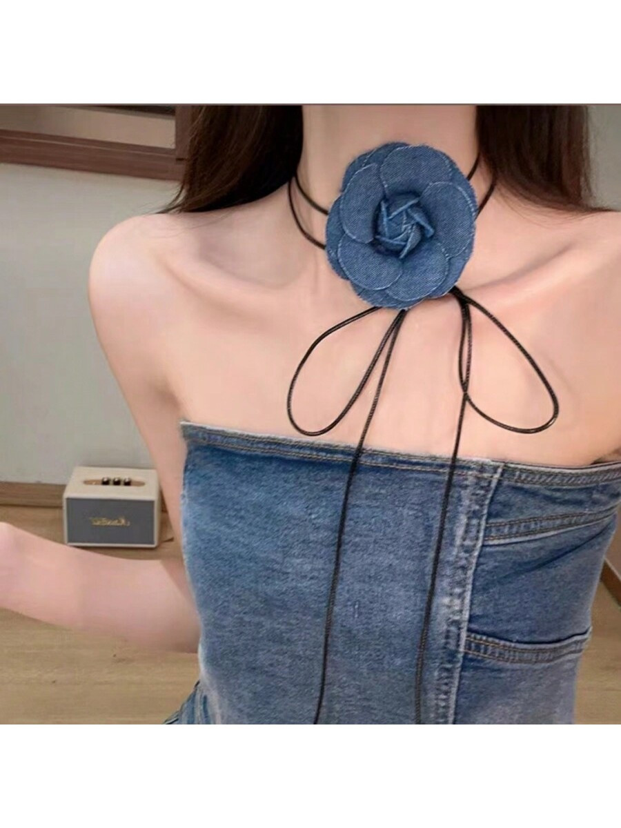 1pc Denim Material Flower Necklace | SHEIN