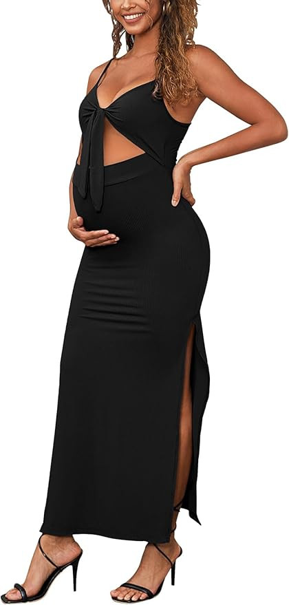 Bhome Sleeveless Maternity Baby Shower Dress Spaghetti Straps with Tie Knot Cut-Out Side Slit Rib... | Amazon (US)