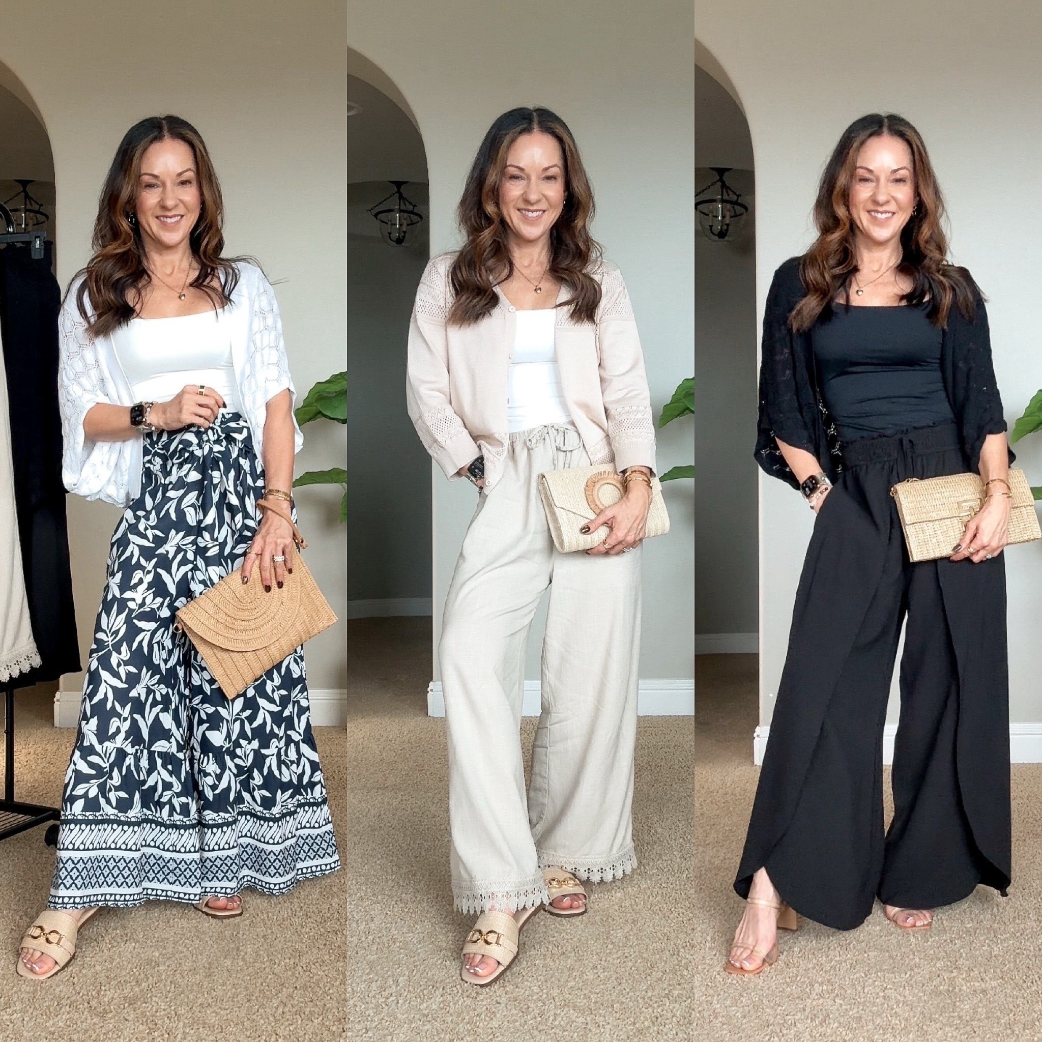 Summer resort vacation wide leg pants with pockets and lightweight cardigans perfect for summer and cruises. I am wearing the smallest size in everything. For ref: I'm 5'1", 109lbs. Pants are washed. I need heels with the style in black.

#LTKPetite #LTKootd #LTKSeasonal