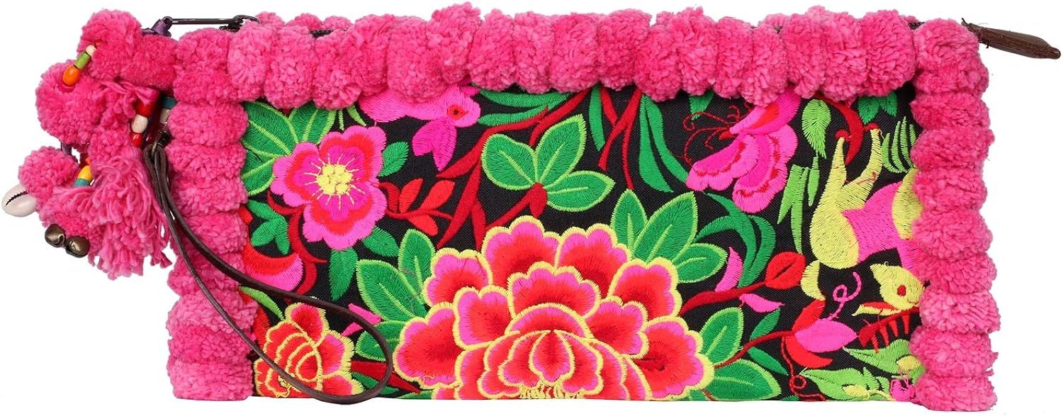 Pom Pom Clutch Bag with Embroidered Hmong Tribes, Adjustable Strap | Amazon (US)