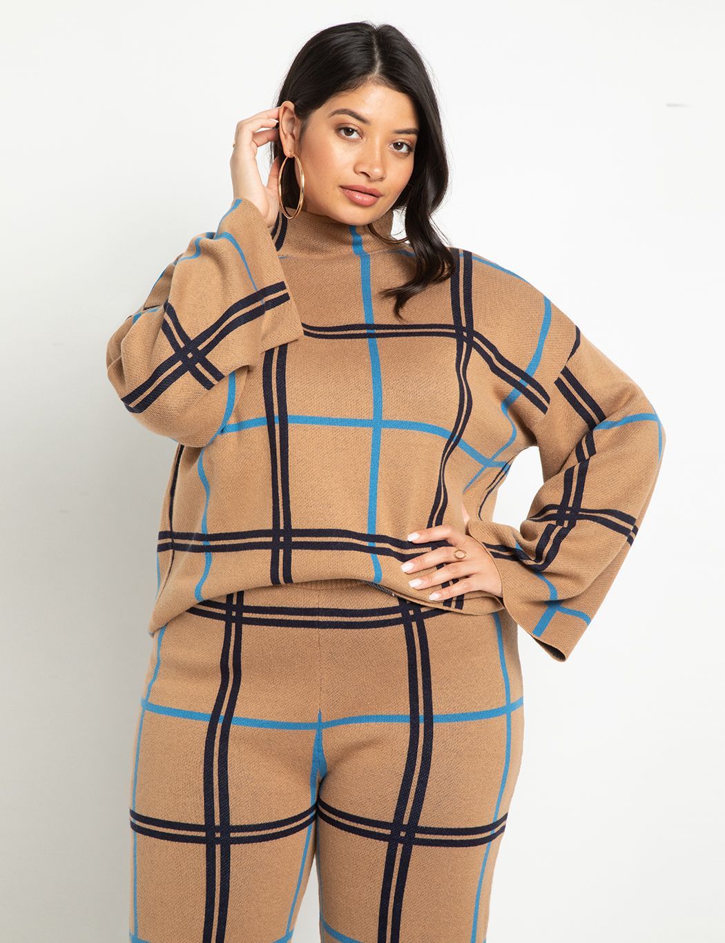 Mock Neck Windowpane Plaid Sweater | Women's Plus Size Tops | ELOQUII | Eloquii