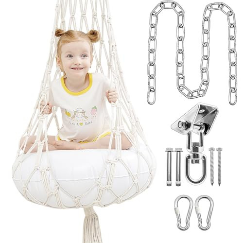 Pod Swing Chair Kid Indoor Sensory Swing, Macrame Hanging Hammock Chair with Inflatable Cushion for Boho Kid Bedroom Outdoor Pod Swing Seat (Cream) | Amazon (US)