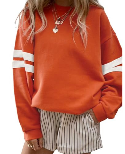 SELINK Womens Varsity Striped Oversized Sweatshirt Crewneck Long Sleeve Casual Fashion Pullover Top Fall Outfits Orange-L | Amazon (US)