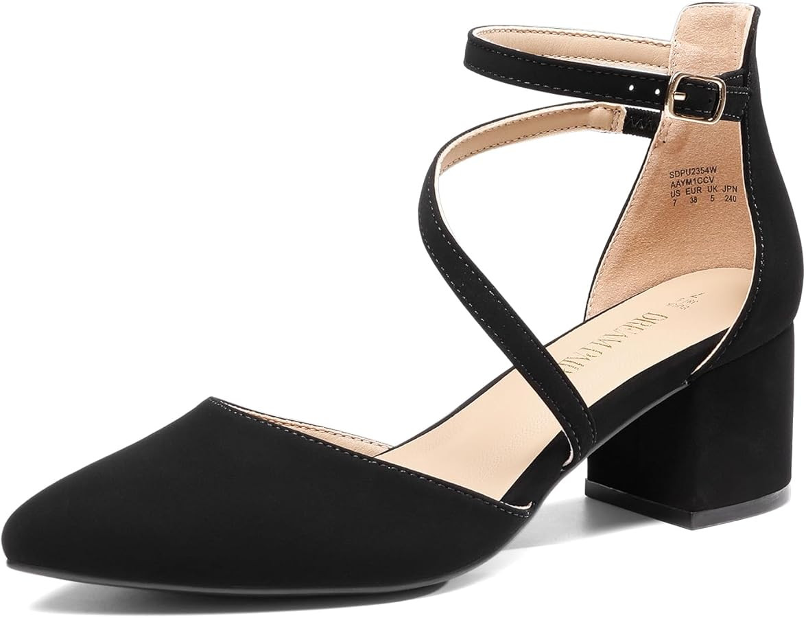 DREAM PAIRS Women's Closed Pointed Toe Low Chunky Heels Pumps Ankle Strap Wedding Business Dressy... | Amazon (US)