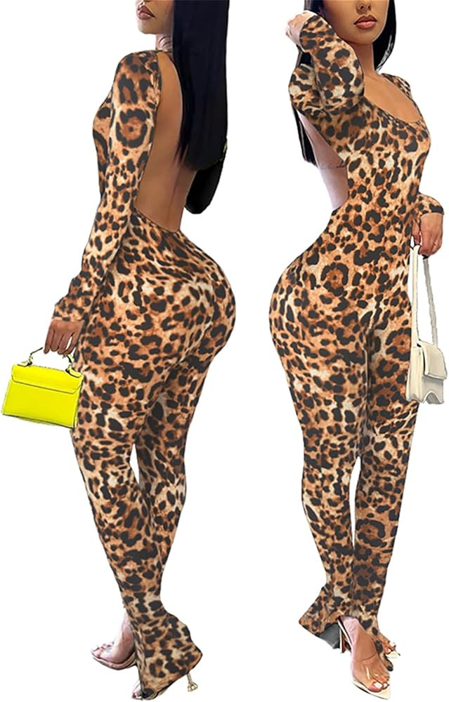 Womens Jumpsuit Long Sleeve One Piece Jumpsuits Leopard Print Sexy Backless Bodycon High Waisted ... | Amazon (US)