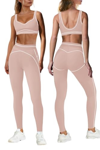 Nirovien Gym Outfits for Women Sports Bras and Leggings Sets for Womens Workout Sets Yoga Ballet Gym Outfits(Nude Pink,M) | Amazon (US)