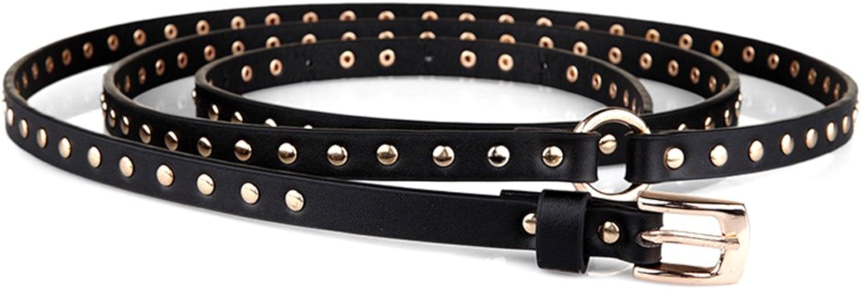 MoYoTo Women's Fashion Black Double Punk Thin Studded Genuine Leather Jean Belt | Amazon (US)