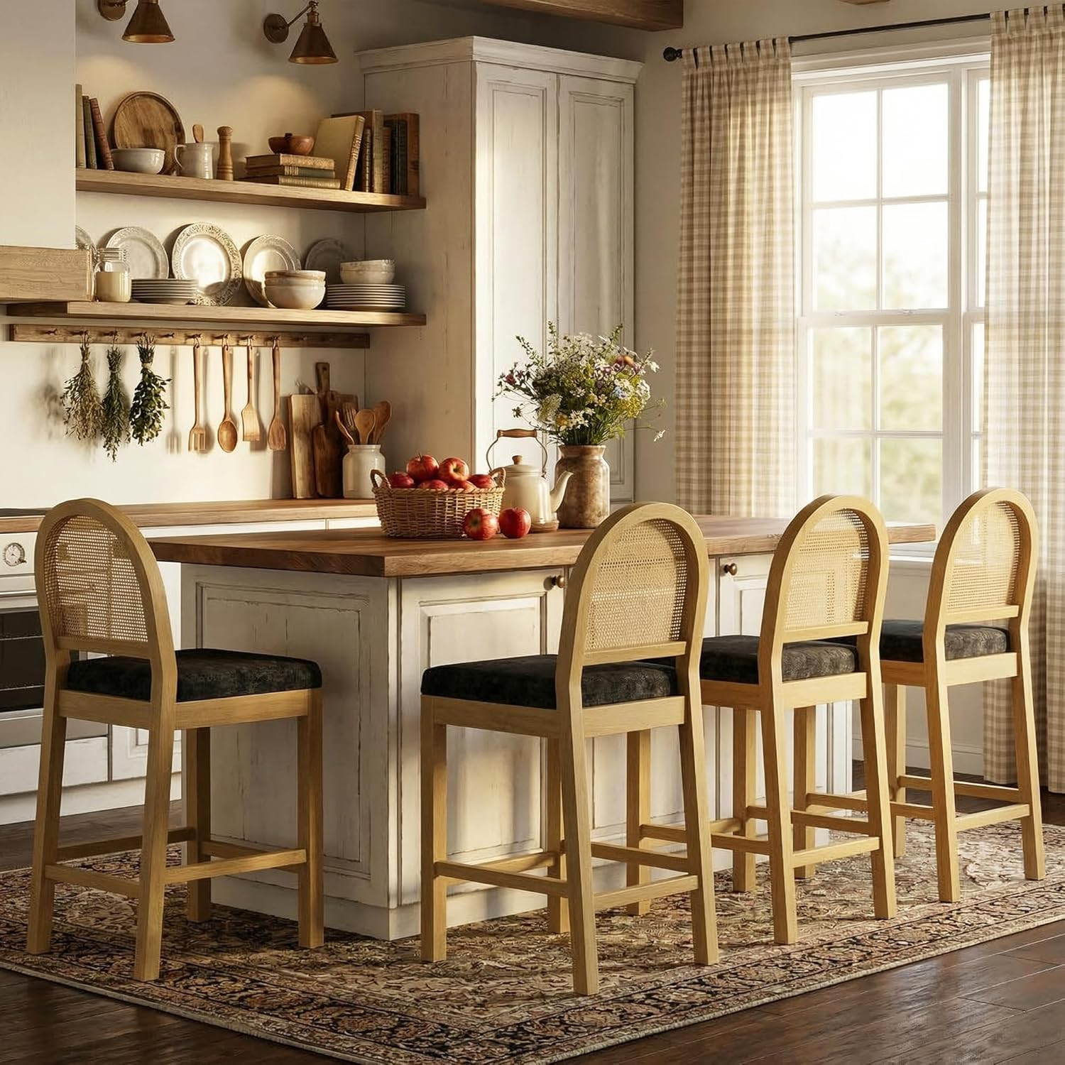 STHOUYN Upholstered Rattan Bar Stools Set of 4, Wooden Counter Height Stools with Natural Rattan ... | Amazon (US)