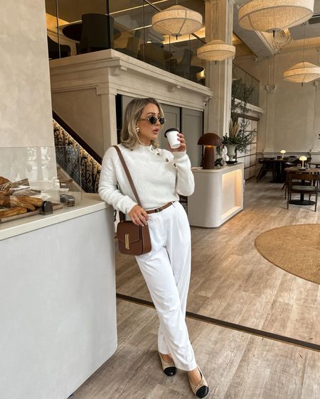 All cream outfit with tan accessories for a neutral chic outfit idea, wearing a cream knit and cream tailored trousers with ballet pumps 

#LTKSeasonal #LTKstyletip